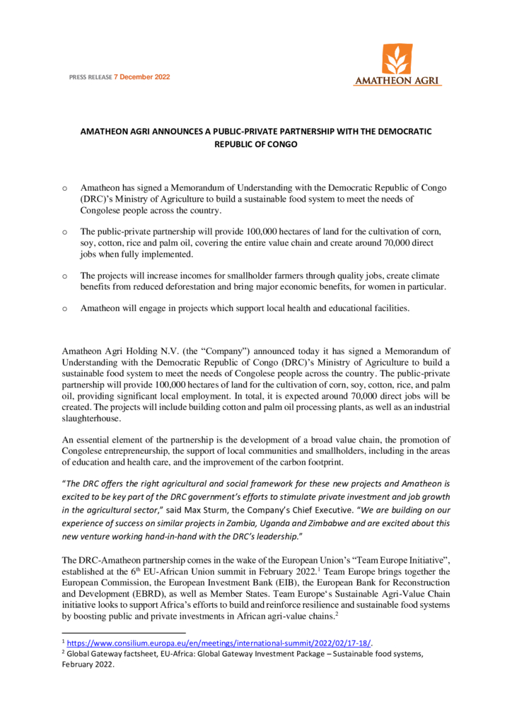 thumbnail of Press Release_Amatheon Agri announces Public Private Partnership with the Democratic Republic of Congo